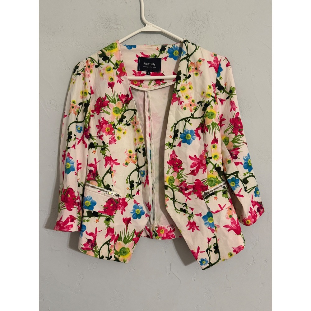 RolyPoly Womens Floral Open Front Blazer White Pink Blue 3/4 Sleeve Small